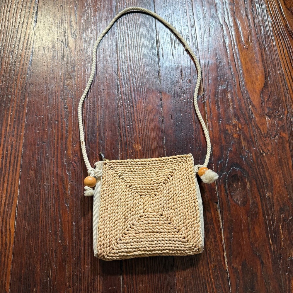 Vintage Wicker Crossbody Shoulder Purse Fabric Lined Zipper Rope Woven Beaded